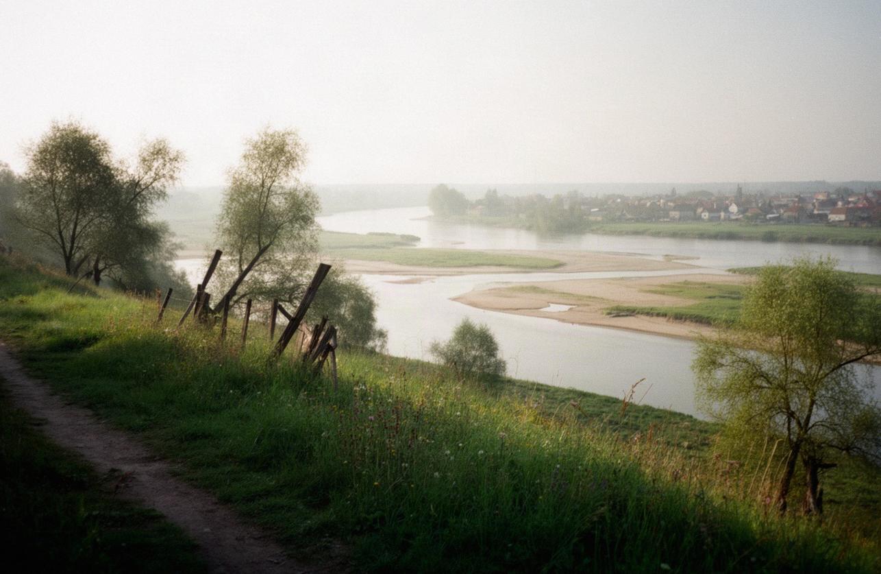 Skarpa nad doliną Wisły we wczesnoletni poranek, z łąkami i mgłą nad rzeką