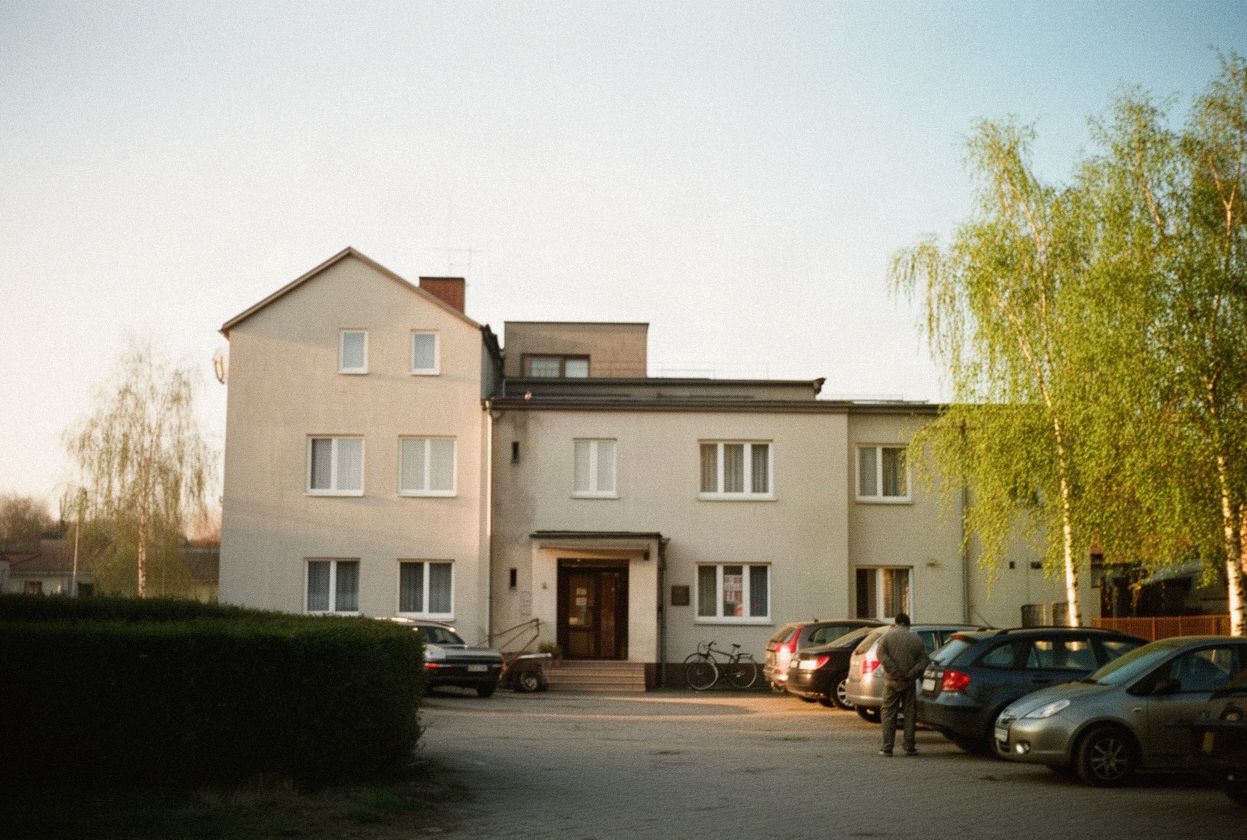 Wejście do niewielkiego hotelu w mazowieckim mieście w słoneczne popołudnie