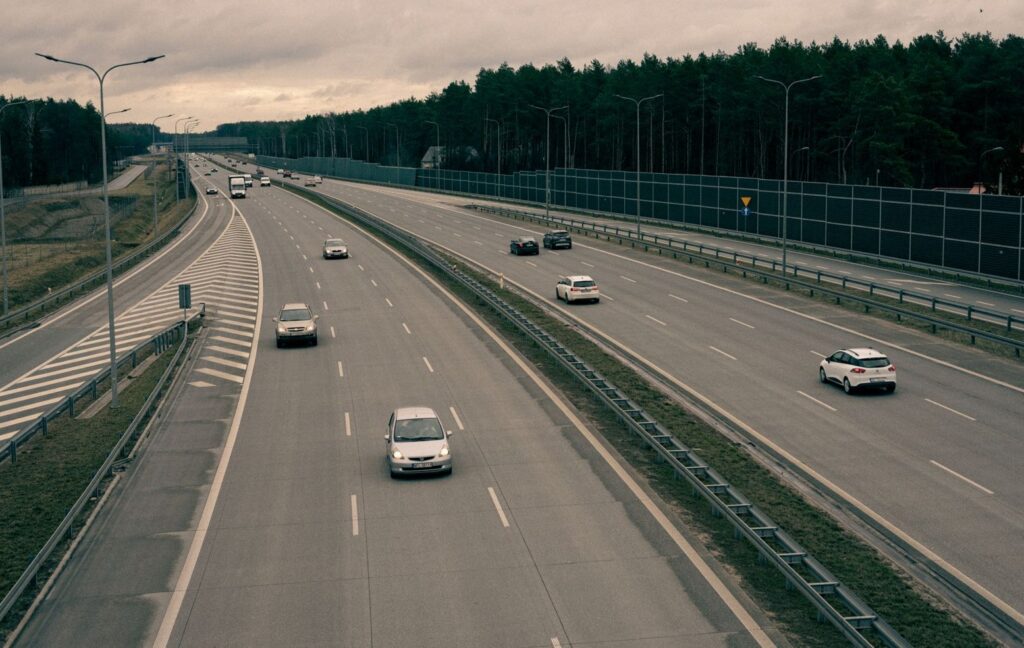 Droga ekspresowa z trzema pasami ruchu w każdą stronę i samochodami osobowymi
