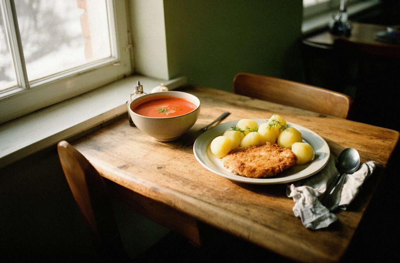 Stolik z zupą pomidorową i kotletem z ziemniakami w małej restauracji w Płońsku